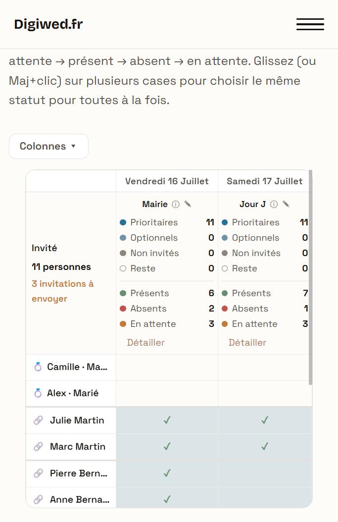 Écran Invités de l'application : réponses des invités par rendez-vous
