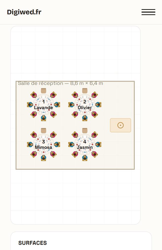 Écran Plan de table de l'application : tables rondes et convives placés